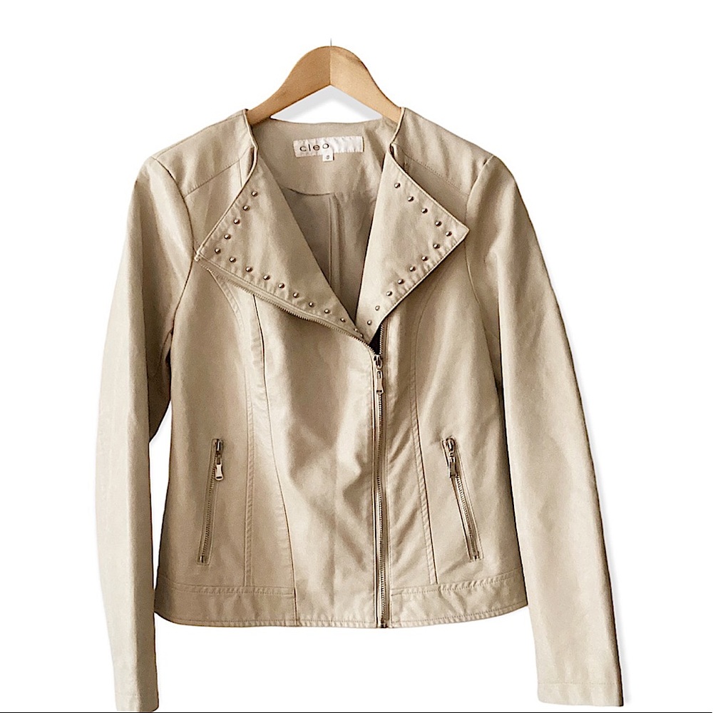 Cleo Cropped Vegan Leather Moto Jacket Neutral Beige Size XS - Picture 2 of 8